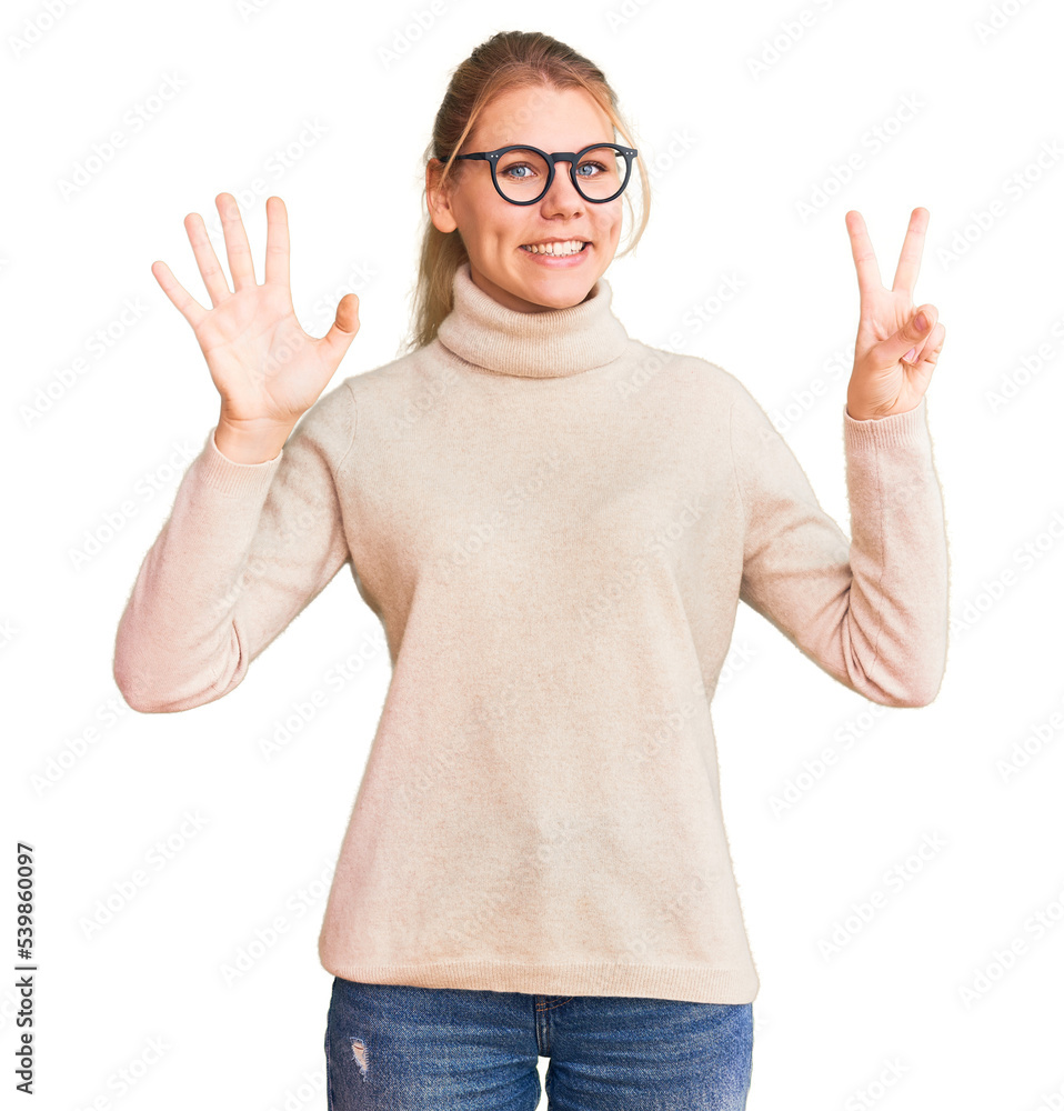Young beautiful blonde woman wearing turtleneck sweater and glasses showing and pointing up with fingers number seven while smiling confident and happy. Young beautiful blonde woman wearing turtleneck sweater and glasses showing and pointing up with fingers number seven while smiling confident and happy.