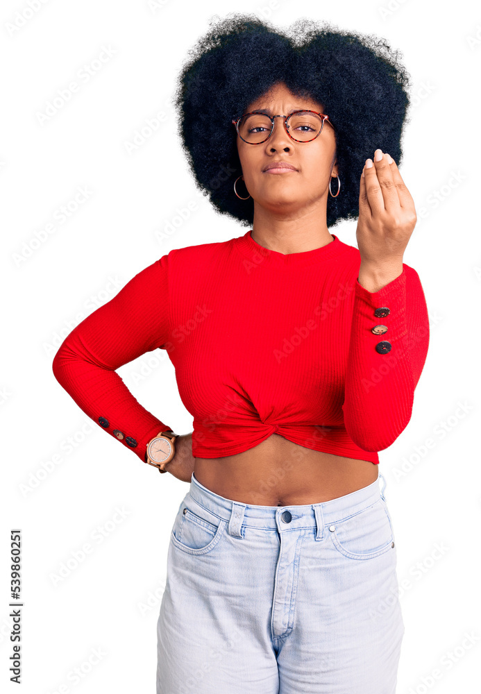 Young african american girl wearing casual clothes and glasses doing italian gesture with hand and fingers confident expression Young african american girl wearing casual clothes and glasses doing italian gesture with hand and fingers confident expression