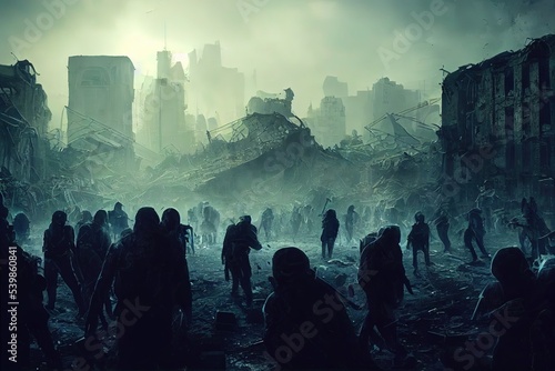 Fotografia Zombies horde in ruined city after an outbreak