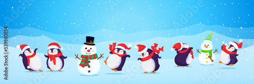 Banner made with a set of Christmas cartoon cute dancing penguins ans snowmen. Funny birds in santa hats and scarves. Isolated.