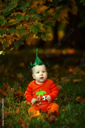 cute baby in a pumpkin costume outdoors in autumn