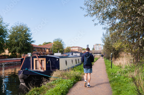 House boats on the River Lee (or Lea) in Lee Valley Park, London, UK, October 16, 2022
 photo