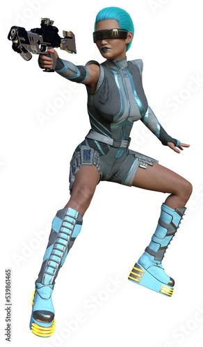 3D rendered female character in futuristic outfit and action pose on transparent background - 3D Illustration
