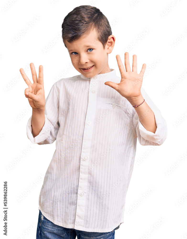 Cute blond kid wearing elegant shirt showing and pointing up with fingers number eight while smiling confident and happy. Cute blond kid wearing elegant shirt showing and pointing up with fingers number eight while smiling confident and happy.