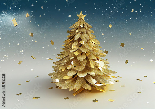 Golden christmas tree on snow © raquel