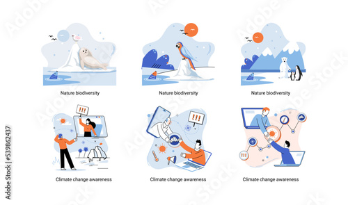 Change climate awareness, saving planet, World Environment Day, global warming ecological problems. Mother Earth day, nature biodiversity metaphor set. Care for surroundings eco concept