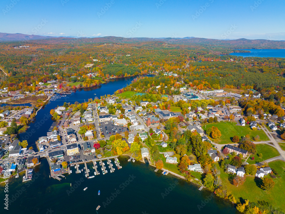 Wolfeboro historic town center at Back Bay at Lake Winnipesaukee aerial view in fall, town of Wolfeboro, New Hampshire NH, USA. 