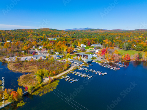 Wolfeboro historic town center at Back Bay at Lake Winnipesaukee aerial view in fall, town of Wolfeboro, New Hampshire NH, USA. 
