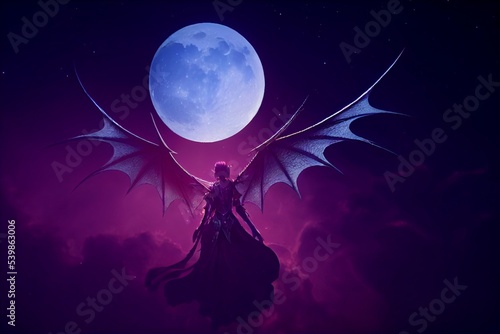 fallen angel, clouds, silver moon, mist and stars, twilight photo