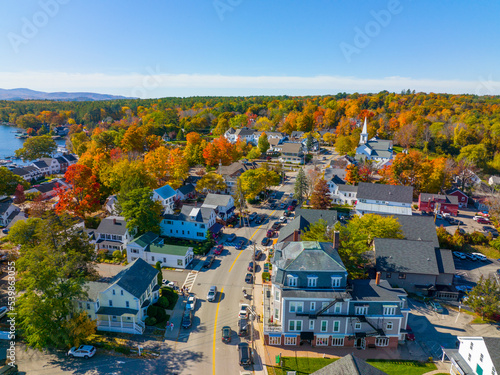 Wolfeboro historic town center at Lake Winnipesaukee aerial view in fall on Main Street, town of Wolfeboro, New Hampshire NH, USA.  photo