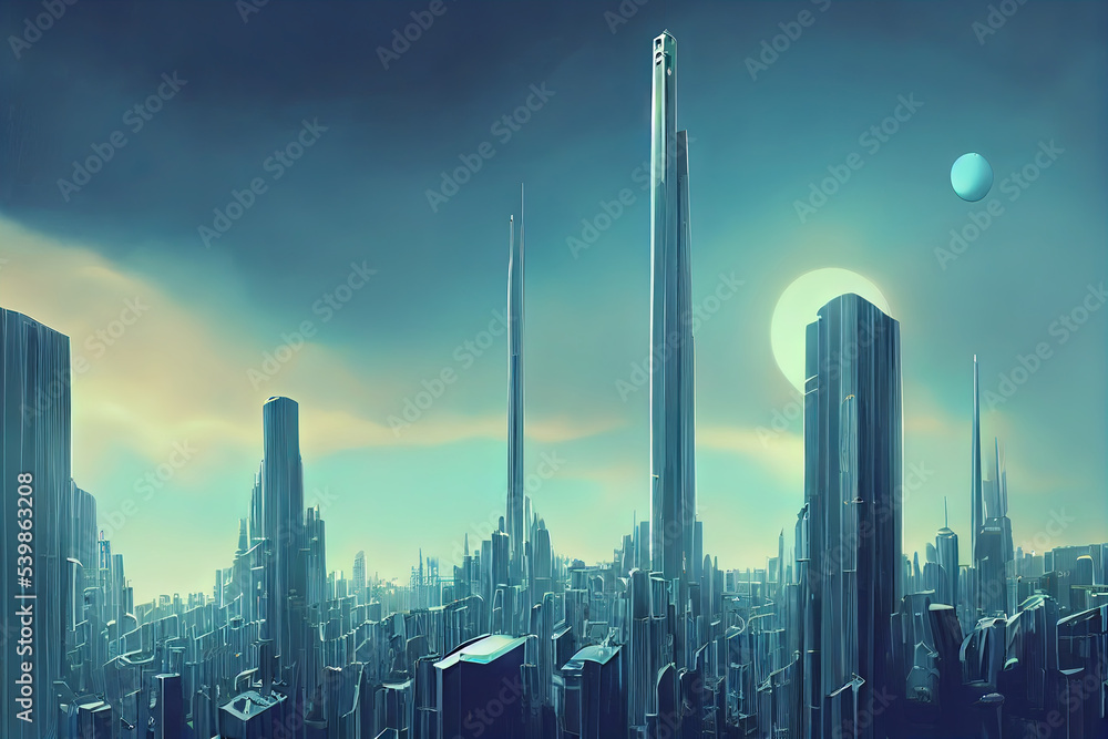Futuristic city. Concept Art. Cityscape with bright neon lights. 3D illustration.