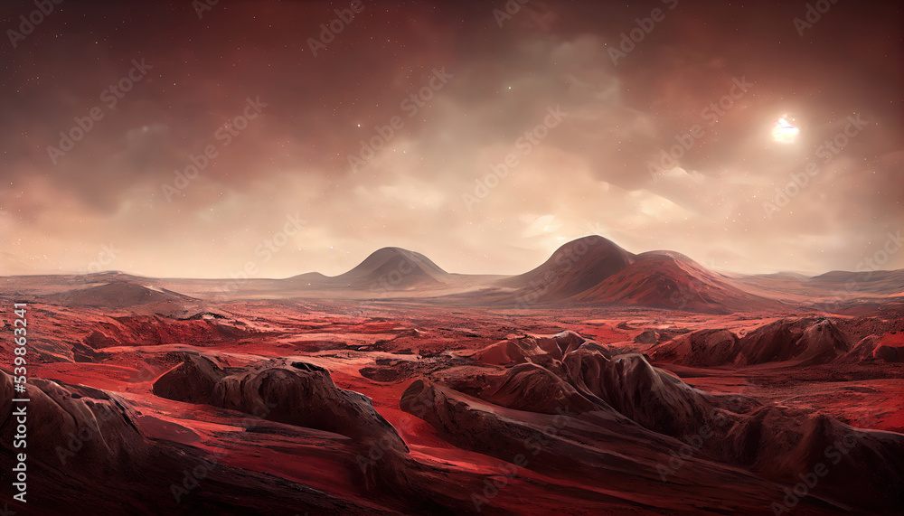 Naklejka premium Landscape on the planet Mars, surface is a picturesque desert on red planet. Background of space game, cover, poster with red earth, mountains, stars, 3d artwork