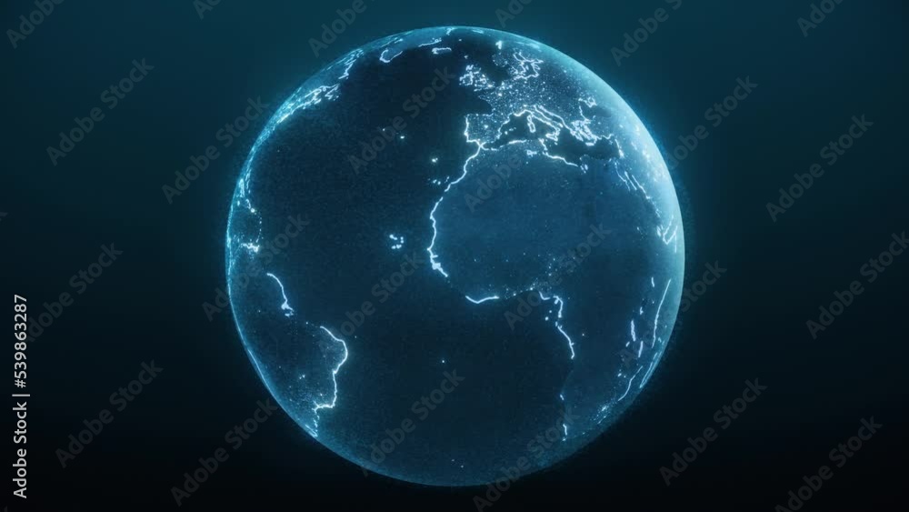 Blue hologram globe rotating, communication technology world network, 3d rendering futuristic concept, seamless loop 4k animation