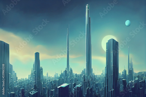 Futuristic city. Concept Art. Cityscape with bright neon lights. 3D illustration. © Galina