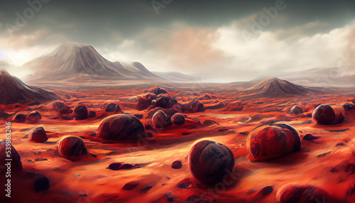 Landscape on the planet Mars, surface is a picturesque desert on red planet. Background of space game, cover, poster with red earth, mountains, stars, 3d artwork