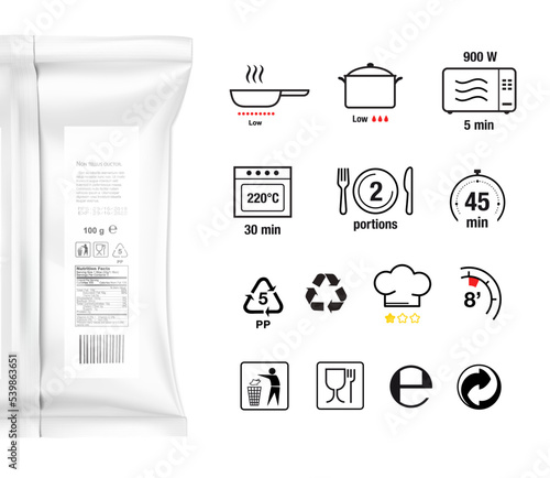 Cooking and preparation instructions for package. Set of sign for detailed guideline. Vector elements on a white background. Ready for your design.