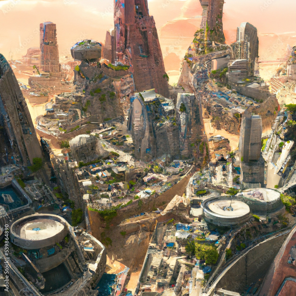 Digital concept art of futuristic cityscape. Future city alien world ...