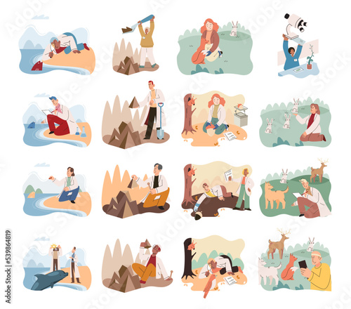 Zoologist study animals natural habitat. Scientist exploring investigating flora and fauna. Tameless animal protection expedition to wild nature. Study of living conditions wild animals in wildlife