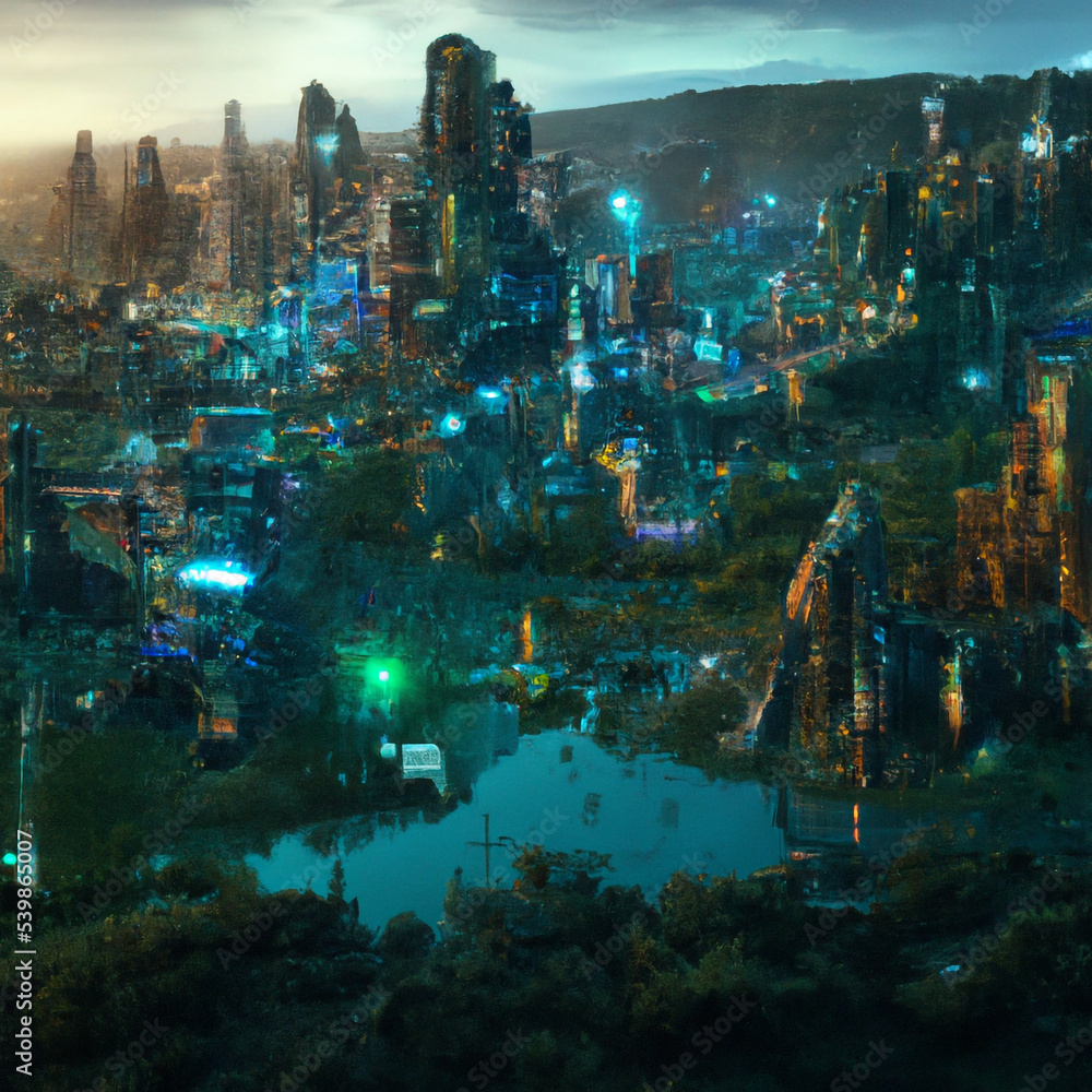 Digital concept art of futuristic cityscape. Future city alien world ...