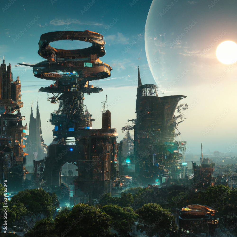 Digital concept art of futuristic cityscape. Future city alien world ...