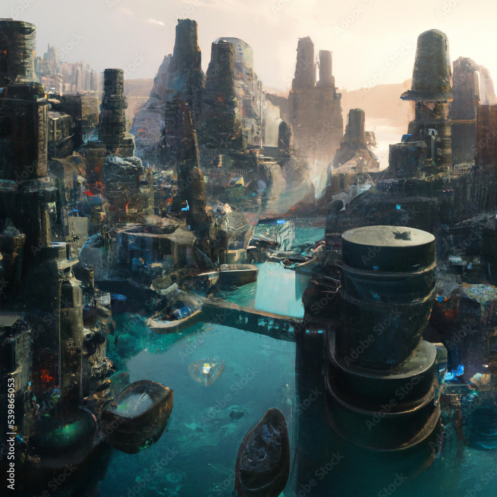 Digital concept art of futuristic cityscape. Future city alien world ...