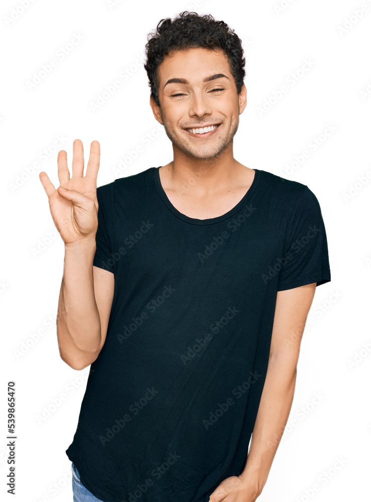 Young handsome man wearing casual black t shirt showing and pointing up with fingers number four while smiling confident and happy. Young handsome man wearing casual black t shirt showing and pointing up with fingers number four while smiling confident and happy.