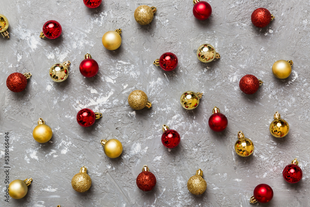 Christmas composition. a pattern of christmas balls on colored background. Flat lay, top view New year decor Christmas composition. a pattern of christmas balls on colored background. Flat lay, top view New year decor