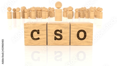 Word CSO branded on cube wood reflected on the white table. Business concept. In the back are wooden people in many different sizes. (3D rendering)