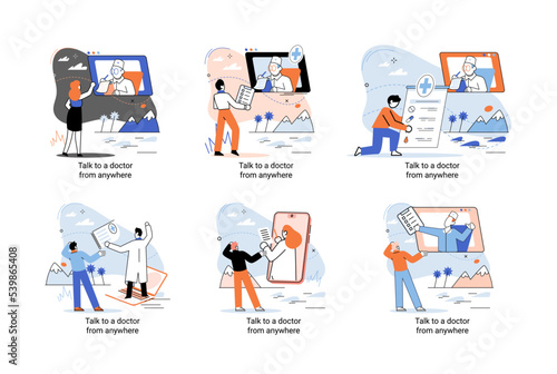 Online medical services mobile application consultation and prescription medicine professional doctor connecting and giving consultation for patient anywhere telemedicine metaphor, health care program