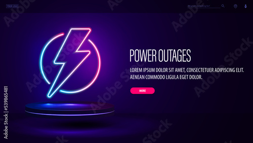 Power Outages, purple poster with neon warning logo on podium floating in the air