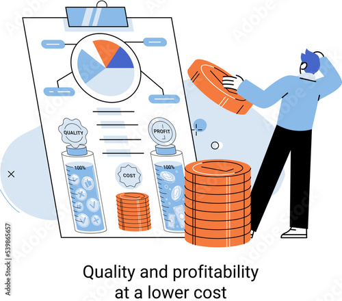 Quality and profitability at lower cost. Businessman manages financial growth graph, investment, developing sales force, coordinating sales operation. Management and optimization of business processes