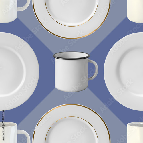 Seamless pattern in cool colors with editable background. Plates and mugs. Vector ilustration.