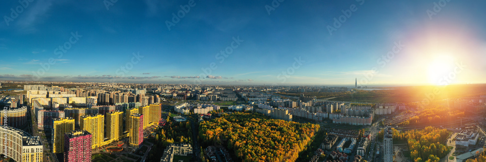 Autumn city aerial panorama view from drone. Fall nature. Long banner