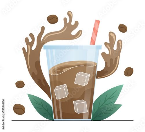 Iced coffee concept. Way to cool hot drink, symbol of hot weather and summer season. Aroma and beverage. Cappuccino, mochachinno and latte. Poster or banner. Cartoon flat vector illustration