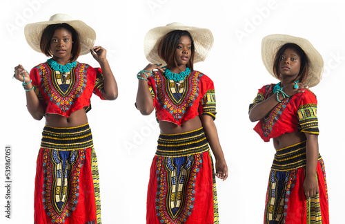 Half body 20s African American woman stand smile and happy confident. Young Adult female wear colorful African ethnic design dress express trendy stylish elegant, white background isolated