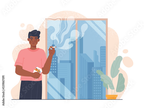 Man smokes concept. Young guy with cigarettes stands in apartment or room. Bad habits and dependence on tobacco. Poster or banner for website. Unhealthy lifestyle. Cartoon flat vector illustration