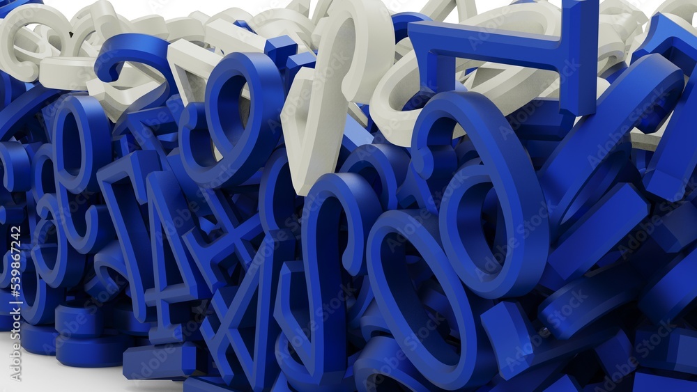 Fototapeta premium Many white-blue three dimensional numeric characters that push against each other and make noise on white board. Concept 3D CG of chaotic state of society, unresolved problem and fractal analysis.