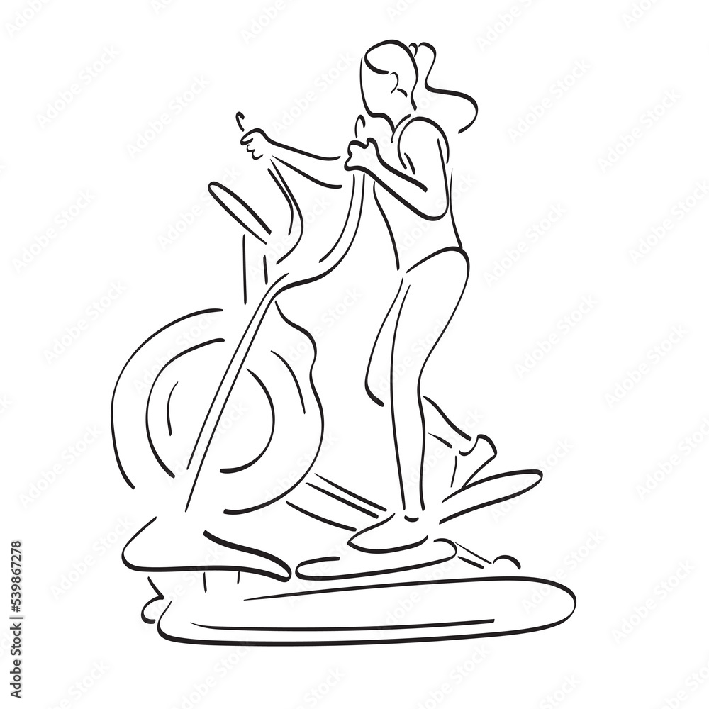sporty woman exercising on a cardio machine in gym illustration vector hand drawn isolated on white background line art.