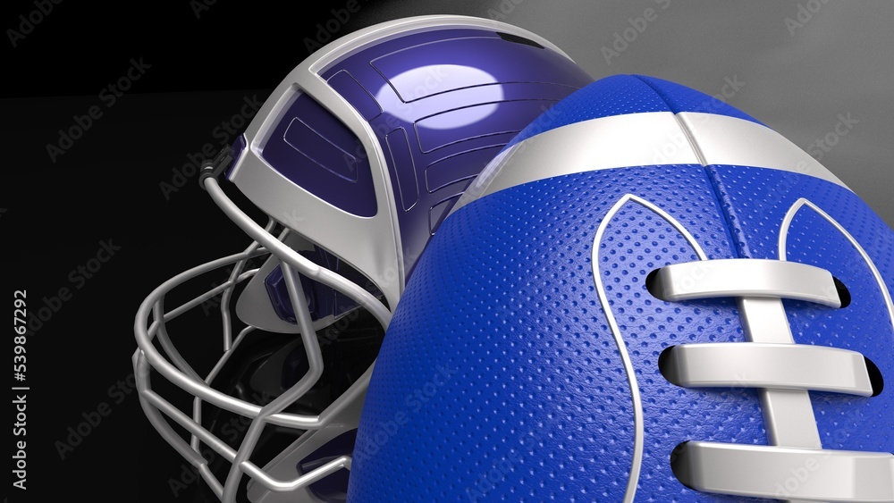 Naklejka premium American football Blue-Silver helmet and Blue-Silver Ball under foggy black laser lighting. 3D illustration. 3D CG. 3D high quality rendering.