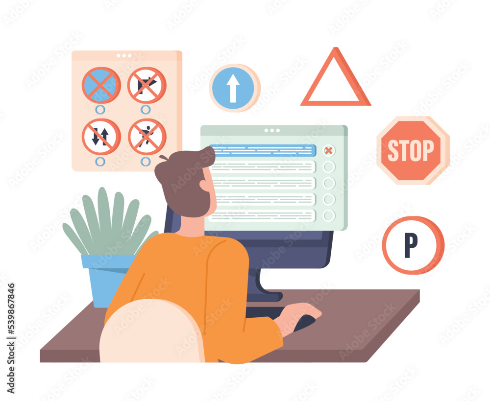 Passing driver test. Man sits at computer monitor and answers questions. Modern technologies and digital world. Distance learning and education, driving training. Cartoon flat vector illustration Passing driver test. Man sits at computer monitor and answers questions. Modern technologies and digital world. Distance learning and education, driving training. Cartoon flat vector illustration
