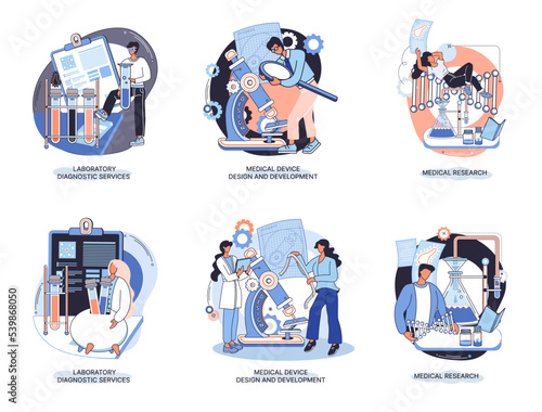 Medical research. Laboratory diagnostic services, medical device design development scenes metaphor. Scientists in hemistry clinic laboratories, microbiology pharmaceutical research. Vaccine discovery