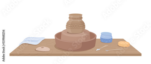 Potters wheel concept. Clay handmade, creativity and needlework. Poster or banner for website. Culture and traditions, art. Ancient vase with unusual patterns. Cartoon flat vector illustration
