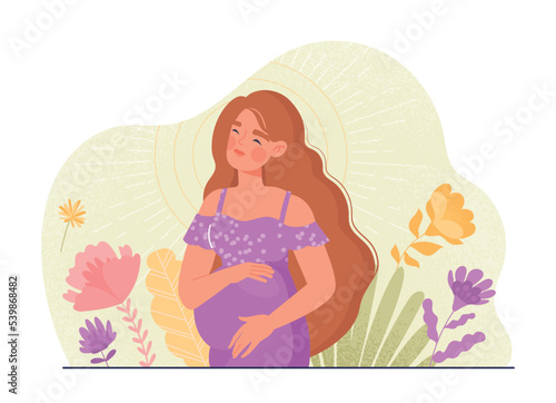 Pregnant woman concept. Young girl with big belly on background of plants and flowers. Aesthetics, beauty and elegance. Expectant mother, parenting metaphor. Cartoon flat vector illustration