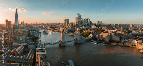 Aerial view of the London Tower Bridge at sunset. Sunset with beautiful clouds over London - the capital of Britain.