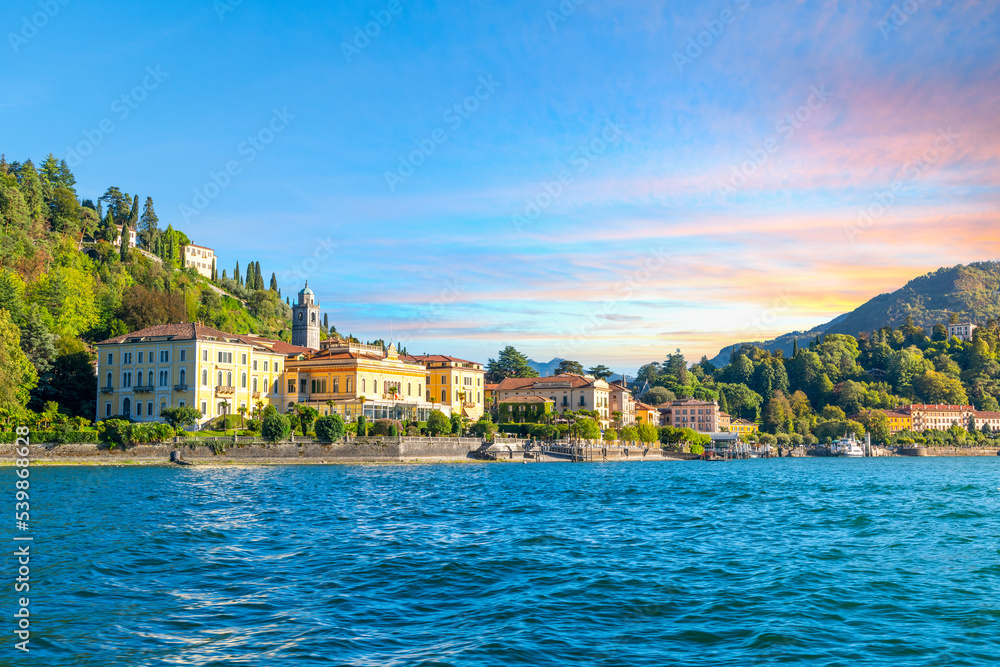 The colorful lakefront village of Bellagio on the shores of Lake Como, Italy, in the Lombardy region at sunset.