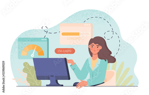 Speed test concept. Woman sits at computer and evaluates speed of Internet. Young girl in front of monitor screen. Programmer and IT Specialist. Poster or banner. Cartoon flat vector illustration