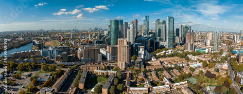 Aerial panoramic skyline view of Canary Wharf  the worlds leading financial district in London  UK. Business center of London.