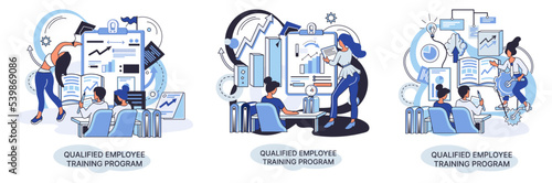 Qualified employee training program. Refresher course metaphor. Help in professional development. Learning for software development and growth. Agile project management team project life scrum meeting