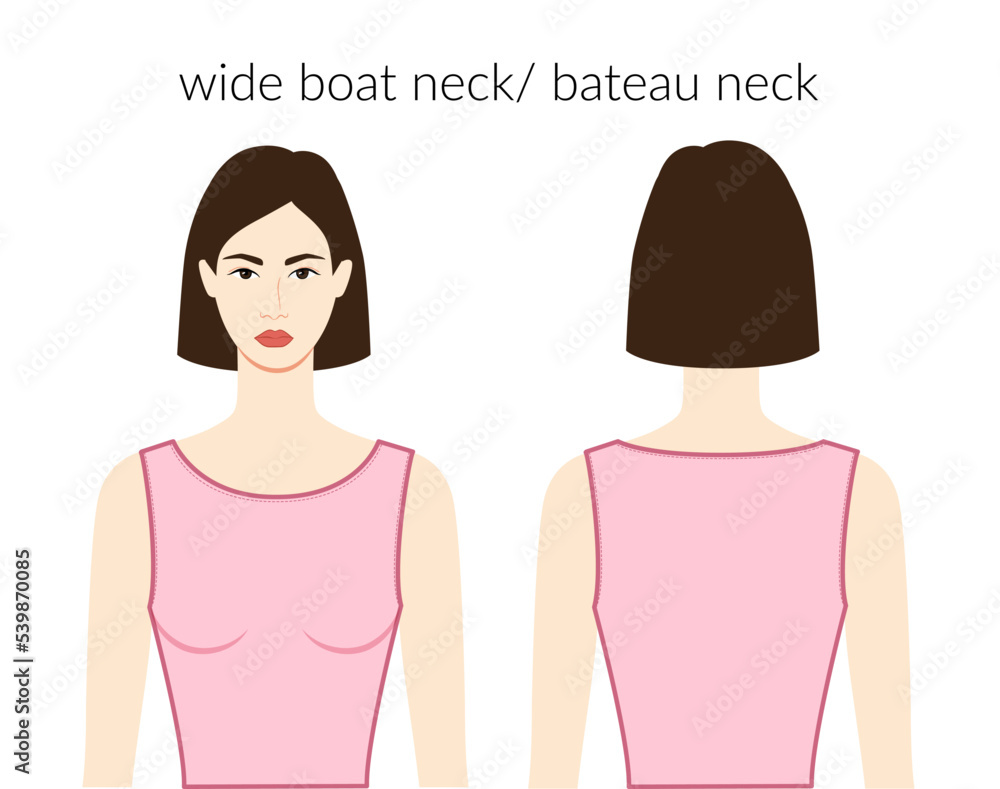 Wide boat bateau neckline clothes character beautiful lady in pink top, shirt, dress technical fashion illustration fitted body. Flat apparel template front, back sides. Women, men unisex CAD mockup Wide boat bateau neckline clothes character beautiful lady in pink top, shirt, dress technical fashion illustration fitted body. Flat apparel template front, back sides. Women, men unisex CAD mockup