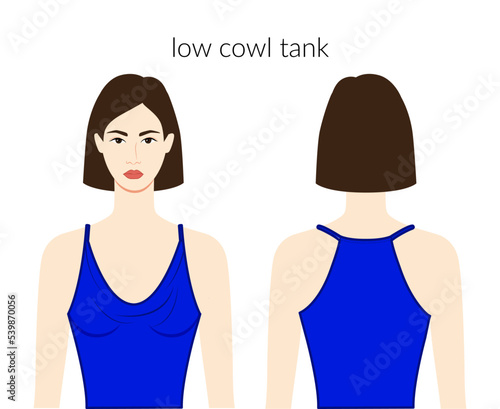 Low cowl neckline tank clothes character beautiful lady in blue top, shirt, dress technical fashion illustration with fitted body. Flat apparel template front, back sides. Women, men unisex CAD mockup